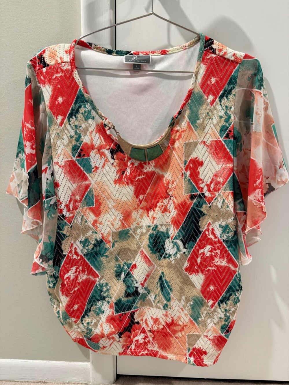 JM Collection Women’s Floral Geometric Short Sleeve Blouse - Orange/Green - Picture 1 of 5